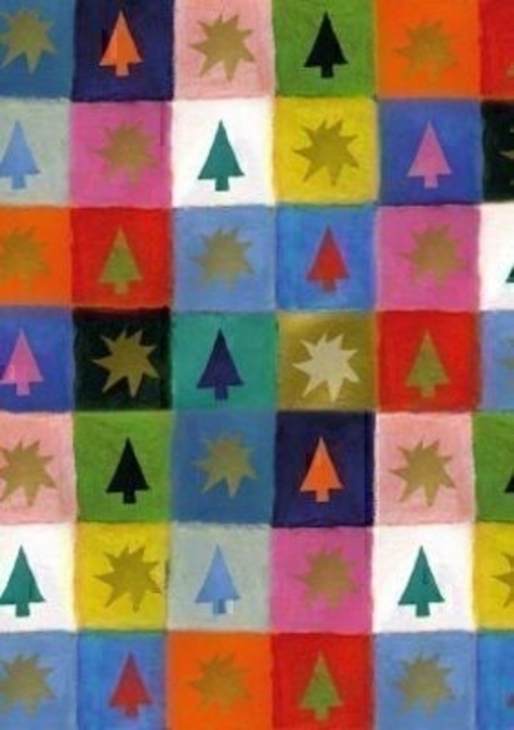Multicoloured Christmas trees and stars design roll wrap paper by Swiss designer Stewo. Quality wrapping paper. White kraft striped, 70 gsm. Size 70cm x 2m.